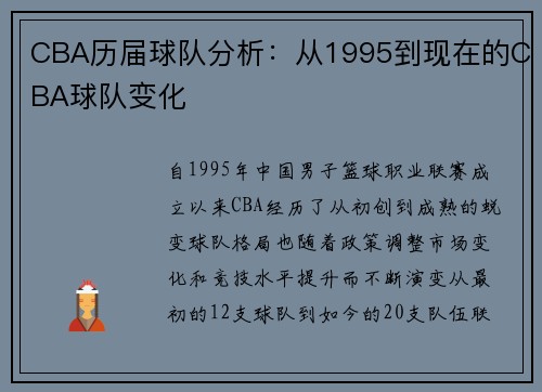 CBA历届球队分析：从1995到现在的CBA球队变化