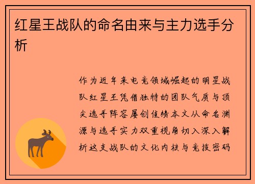 红星王战队的命名由来与主力选手分析